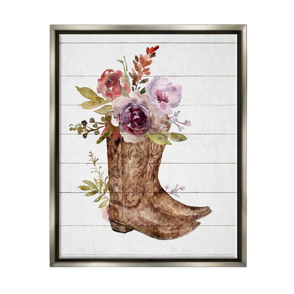 The Stupell Home Decor Collection Country Floral Boots Arrangement Design  By Nina Blue Floater Frame Nature Art Print 31 in. x 25 in.  aq-638_ffl_24x30 The Home Depot