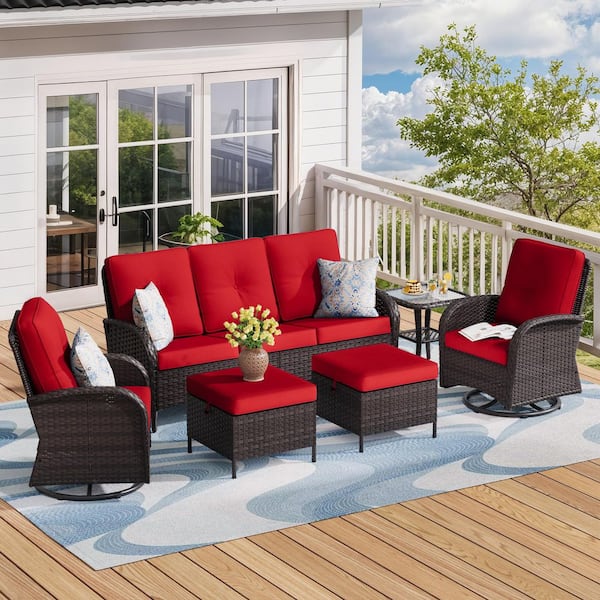 6-Piece Deep Brown Wicker Outdoor Patio Conversation Set Deep Seating Set with Red Cushions