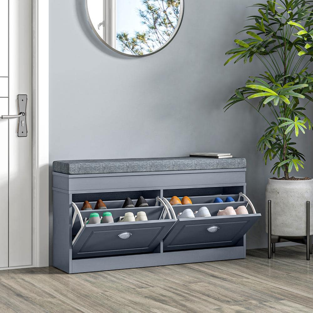Gray Modern Shoe Rack Bench with Cushion and Storage Drawers