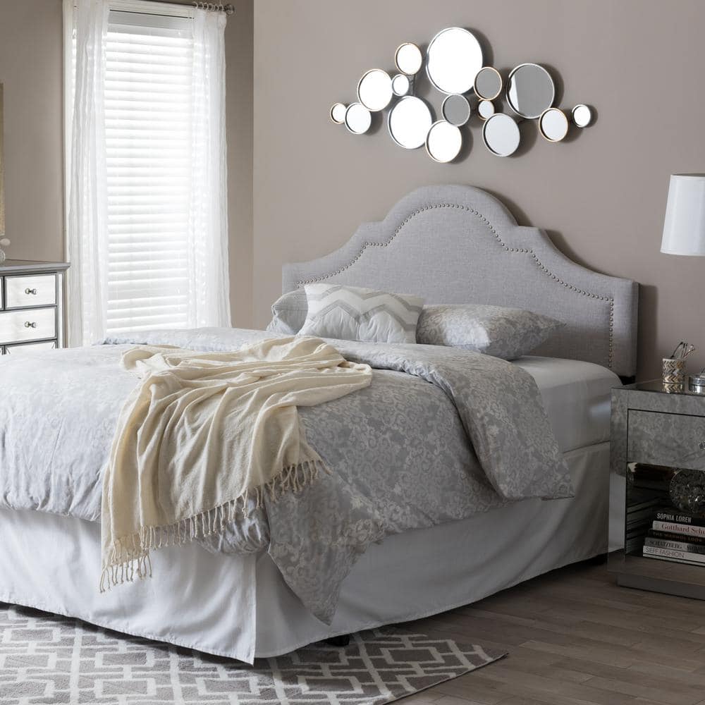 Grayish Beige Upholstered Queen Headboard with Silver Nail Trim