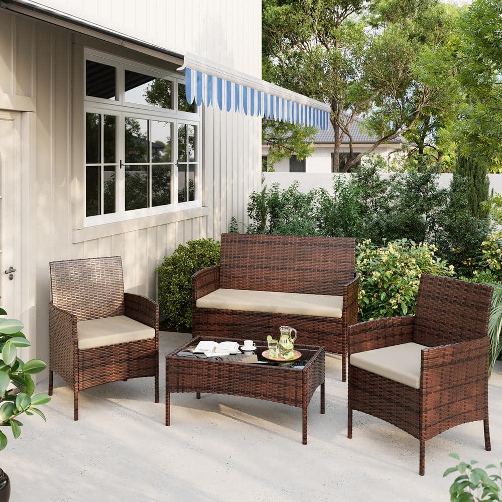 4-Piece Brown Wicker Patio Conversation Set with Beige Cushions and Coffee Table price history on PriceWatchPro