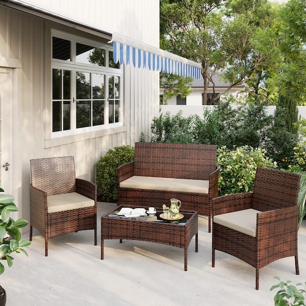 ELPOSUN 4-Piece Brown Wicker Patio Conversation Set with Beige Cushions and Coffee Table