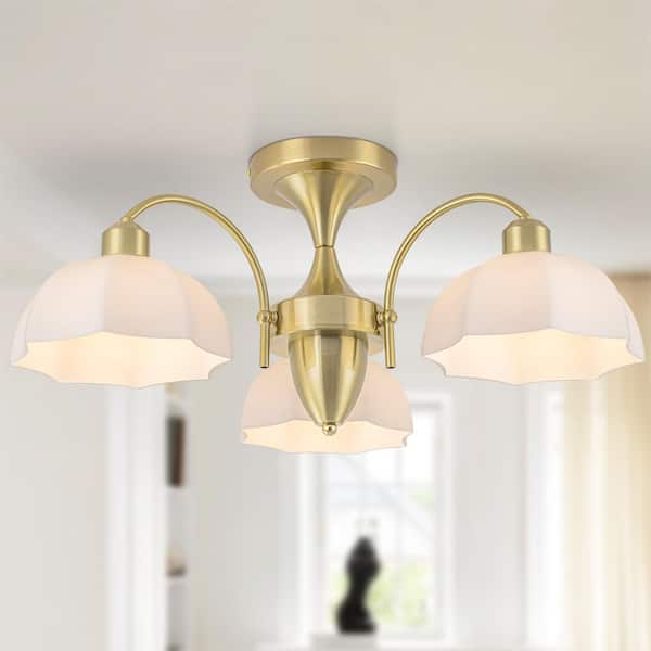 24 in. 3-Light Modern Brass Semi Flush Mount Ceiling Light with Milk Glass Shades for Bedroom Kitchen Hallway Entryway