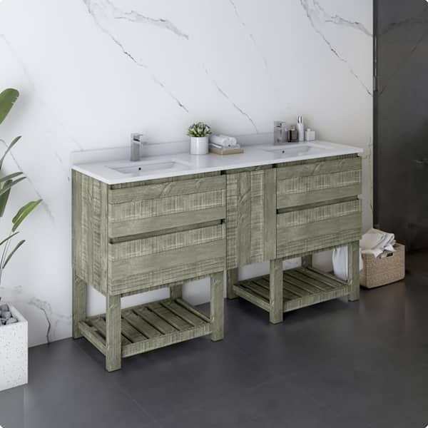 Fresca Formosa 60 in. Double Sink Freestanding Open Bottom Sage Gray Bath Vanity with White Quartz Top and Ceramic Sink