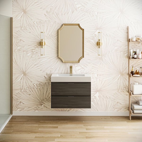 Valencia 30 in. W Wall Hung Bathroom Vanity in Gray Oak with Acrylic Vanity Top in White