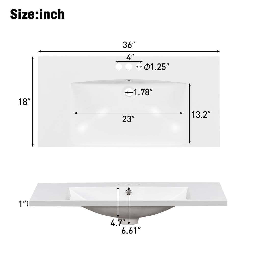 36" White Resin Square Bathroom Sink with Faucet Holes