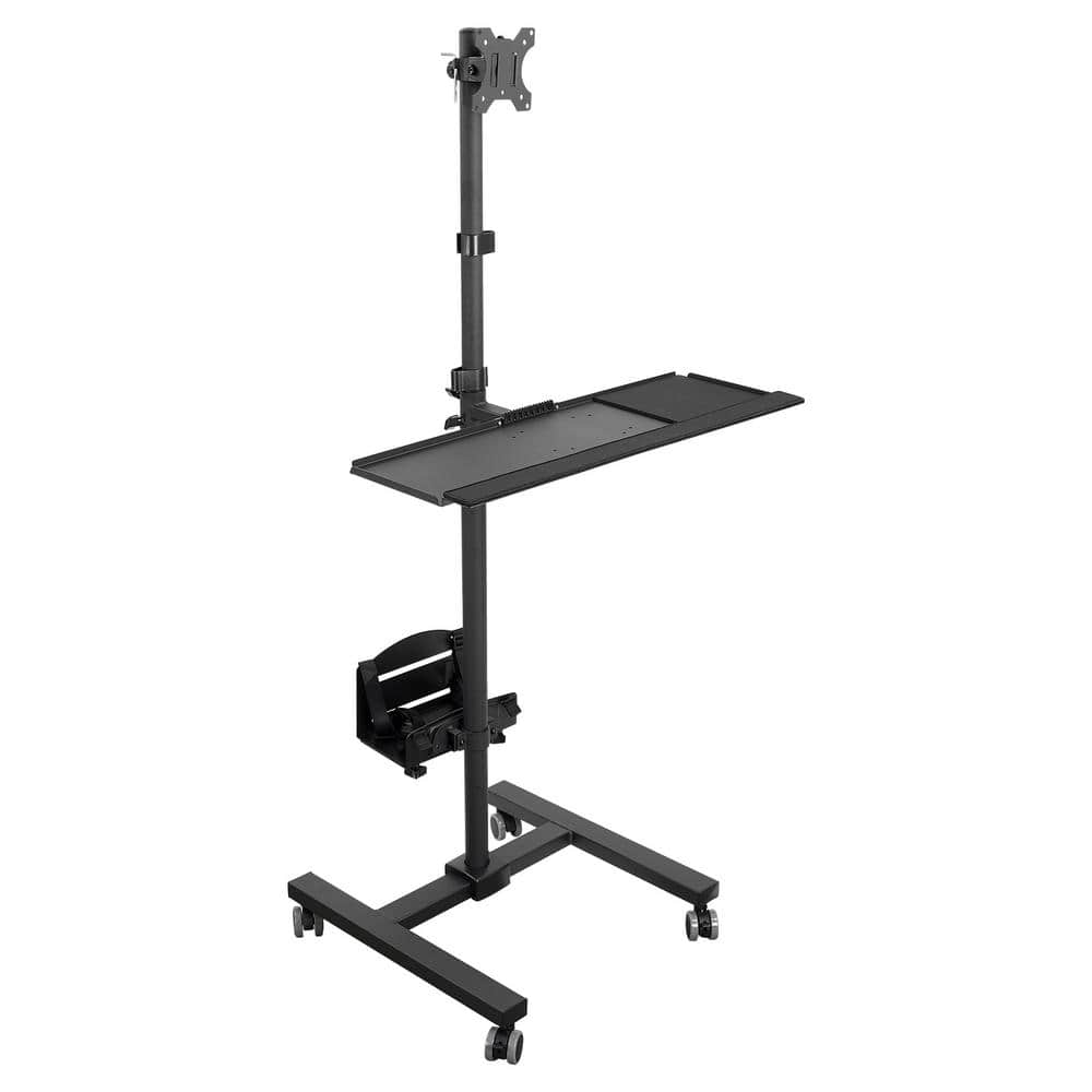 Black Height Adjustable Mobile Computer Cart with Monitor Mount and CPU Holder