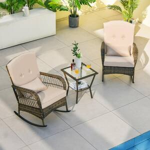 3-Piece Rocking Wicker Outdoor Bistro Rocker Chairs Tempered Glass Side Table with Beige Cushions (Set of 2)