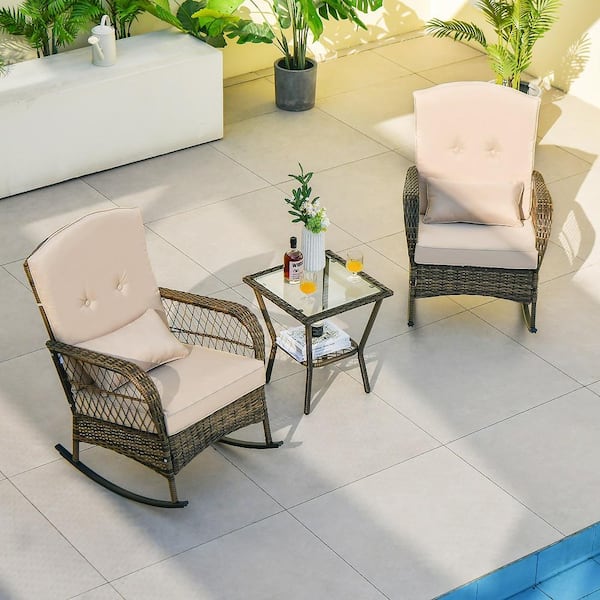 3-Piece Rocking Wicker Outdoor Bistro Rocker Chairs Tempered Glass Side Table with Beige Cushions (Set of 2)