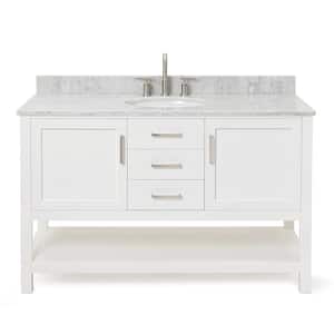 Bayhill 55 in. W x 22 in. D x 35.25 in. H Freestanding Bath Vanity in White with Carrara White Marble Top
