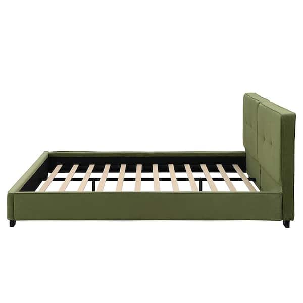 Meadow Olive Green Velvet Upholstered Wood Frame King Size Platform Bed with Tufted Headboard