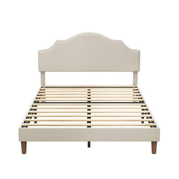 Modern Beige Wood Frame Upholstered Queen Platform Bed with Adjustable Headboard, No Box Spring Needed