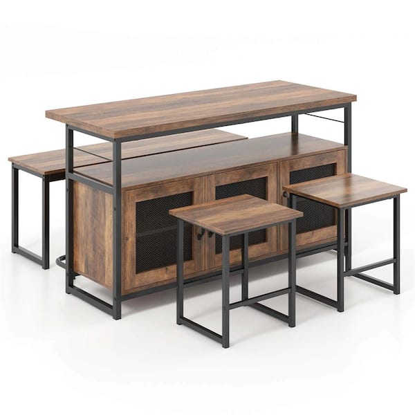 Costway 4-Piece Brown Wood 54 in. Kitchen Island with Bench and Storage Shelves