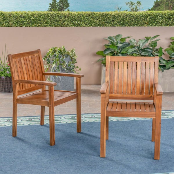 Teak Frame Primary Finish Acacia Wood Outdoor Dining Chair with Slat Design in Natural Set of 2