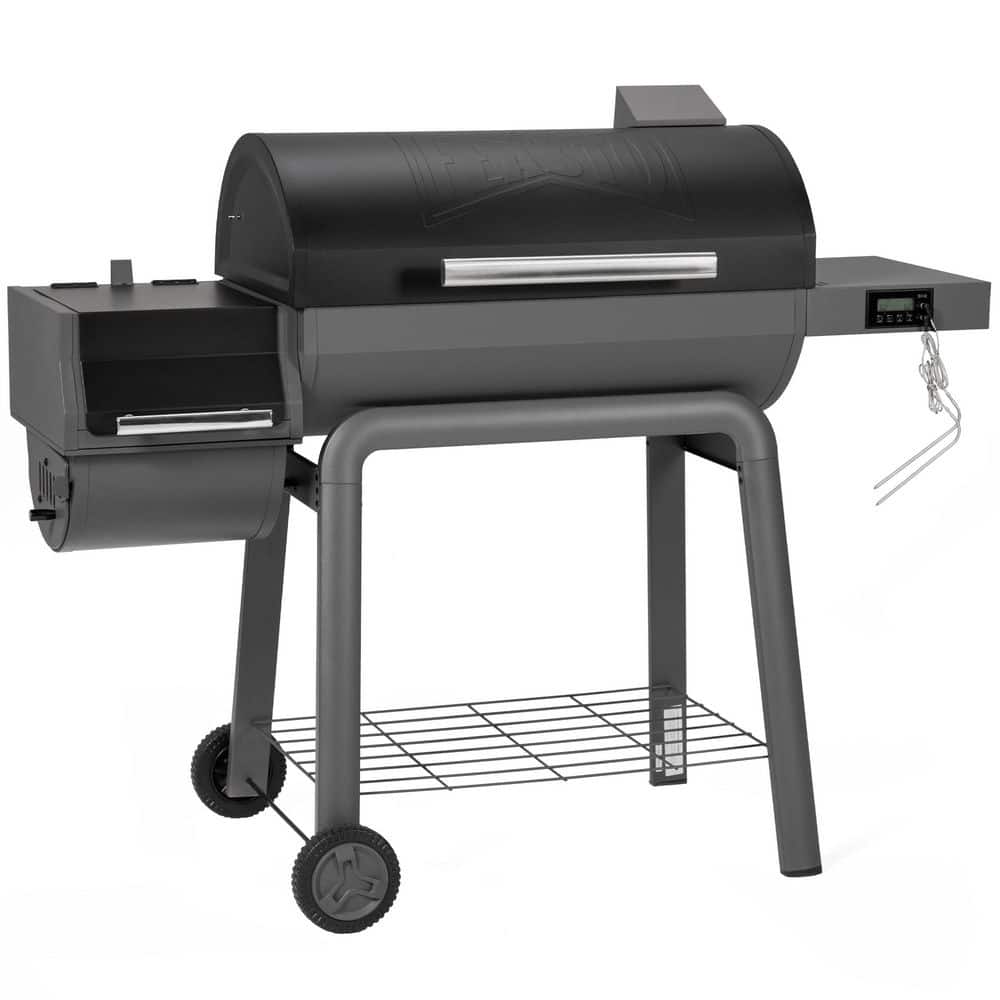 Barrel 30 in. Heavy Duty Charcoal Grill in Black with Offset Smoker, Digital Thermometer and 815 sq. in. Cooking Area