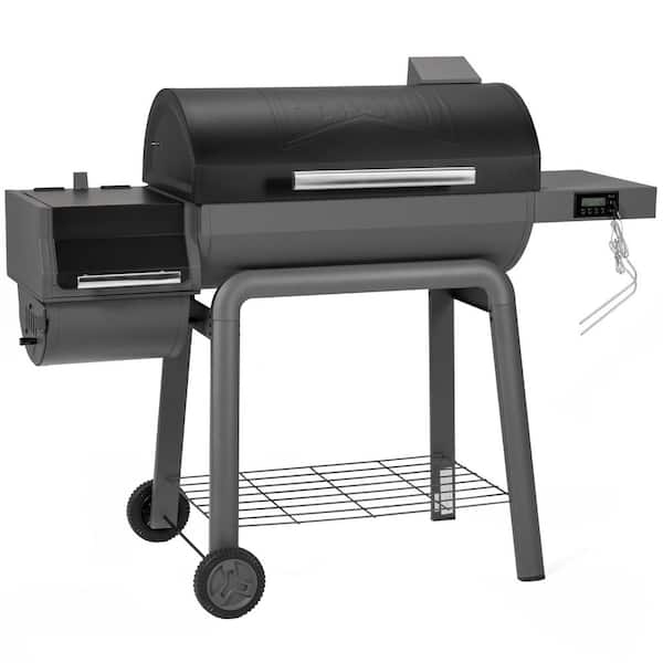 Barrel 30 in. Heavy Duty Charcoal Grill in Black with Offset Smoker, Digital Thermometer and 832 sq. in. Cooking Area