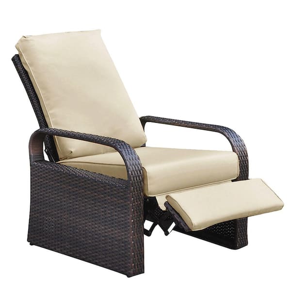 AUTMOON Outdoor Garden Wicker Reclining Lounge Chair with Khaki Cushion