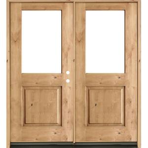 72 in. x 80 in. Rustic Knotty Alder Half-Lite Clear Glass Unfinished Wood Left Active Inswing Double Prehung Front Door