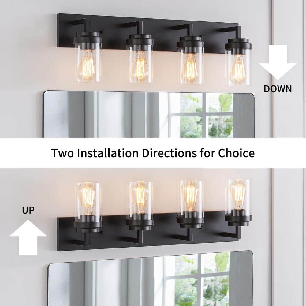 Black 4-Light Dimmable Cylinder Vanity Light with Glass Shades