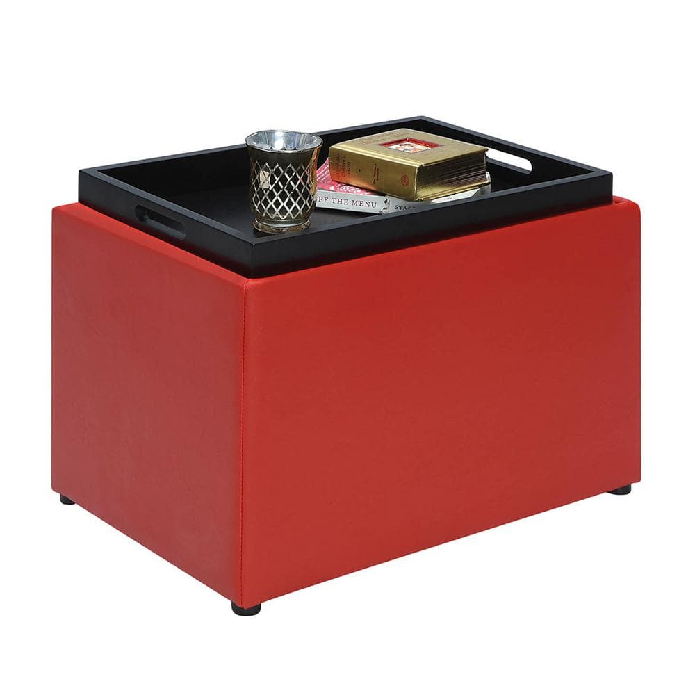 Versatile Bright Red Faux Leather Ottoman with Reversible Tray