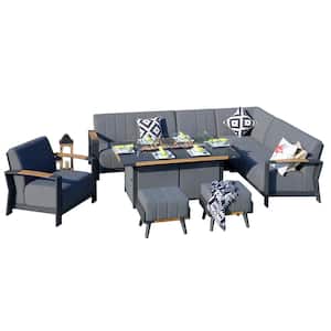 Caleb 8-Piece Aluminum Patio Fire Pit Sectional Sofa Set with Gray Cushions