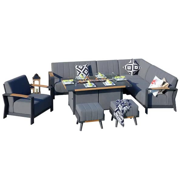 DIRECT WICKER Caleb 8-Piece Aluminum Patio Fire Pit Sectional Sofa Set with Gray Cushions
