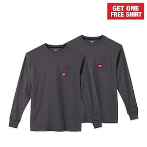 Men's Large Gray Heavy-Duty Cotton/Polyester Long-Sleeve Pocket T-Shirt (2-Pack)
