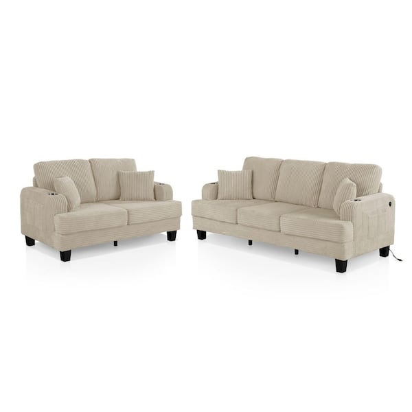 Kasin 2-Piece Beige Chenille Small Space Living Room Set with USB Ports and Cup Holders