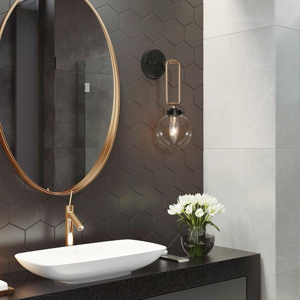 14.5 in. H Transitional Globe Bathroom Wall Sconce 1-Light Industrial Black and Brass Round Wall Light for Bedroom