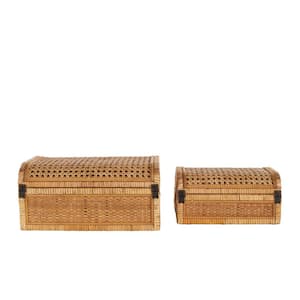 Rectangle Brown Rattan Handmade Woven Storage Box with Curved Tops and Wrapped Edges (Set of 2)