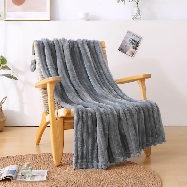 Lightweight Ribbed Cord Grey Flannel Fleece 79 in. x 91 in. Blanket