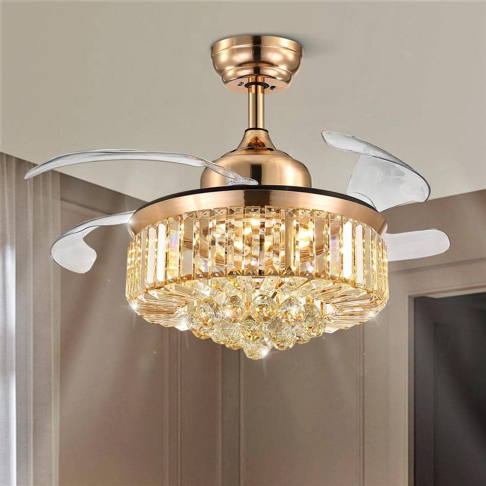 Invisible Gold Crystal Ceiling Fan Light LED Chandelier Pendant Lamp Decor US 