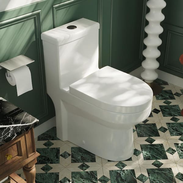 DEERVALLEY Liberty 12 in. Rough In 1-Piece 1.1/1.6 GPF Dual Flush Round Toilet in White, Black Button and Soft Close Seat Included