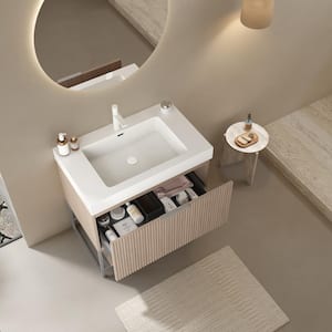 30 in. FreestandingLight Oak Bath Vanity with White Acrylic Top and White Acrylic Basin, Drawer and Open Shelf