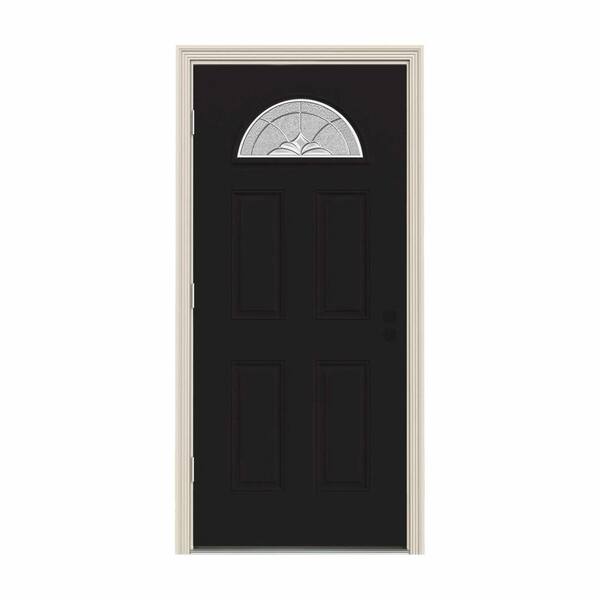 JELD-WEN 36 in. x 80 in. Fan Lite Langford Black w/ White Interior Steel Prehung Right-Hand Outswing Front Door w/Brickmould