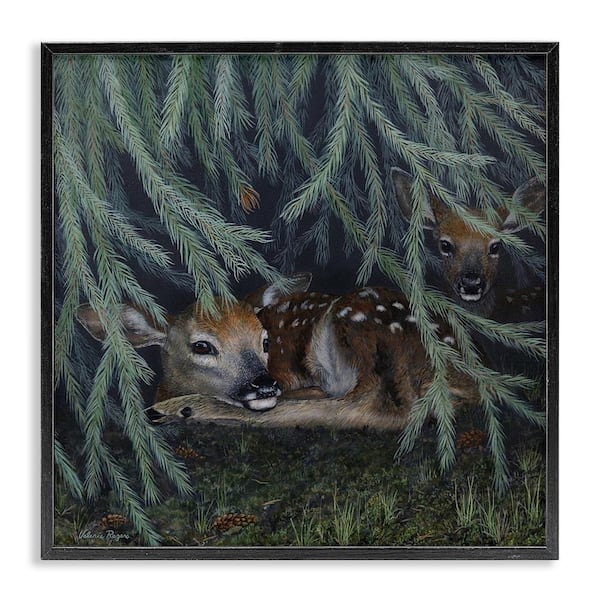 Deer Under Forest Tree by Valerie Rogers Black Framed Animal Giclee Art Print 12 in. x 12 in.
