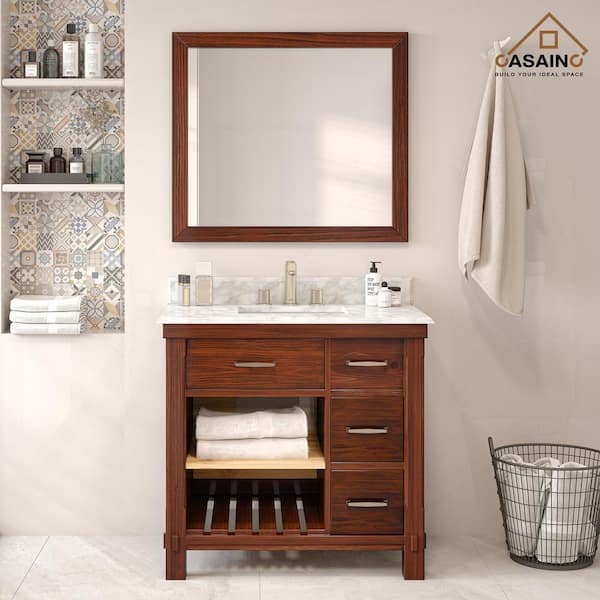 CASAINC 36 in. W x 22 in. D x 35.4 in. H Single Sink Solid Wood Bath Vanity in Traditional Brown with White Top and Mirror