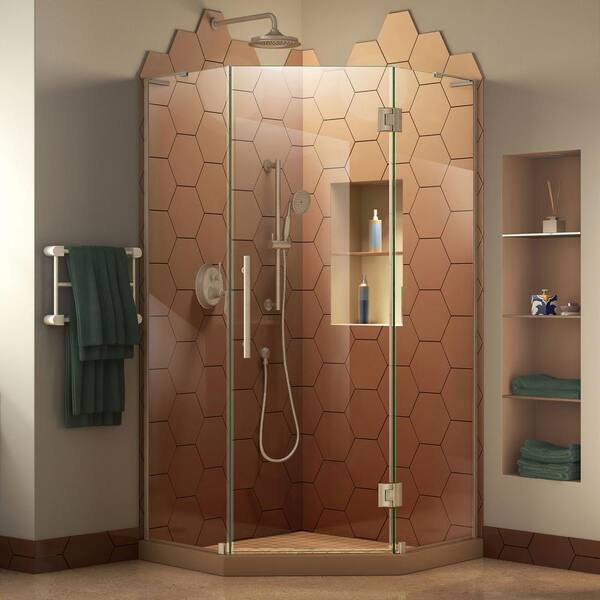 DreamLine Prism Plus 34 in. W x 34 in. D x 72 in. H Semi-Frameless Neo-Angle Hinged Shower Enclosure in Brushed Nickel Hardware