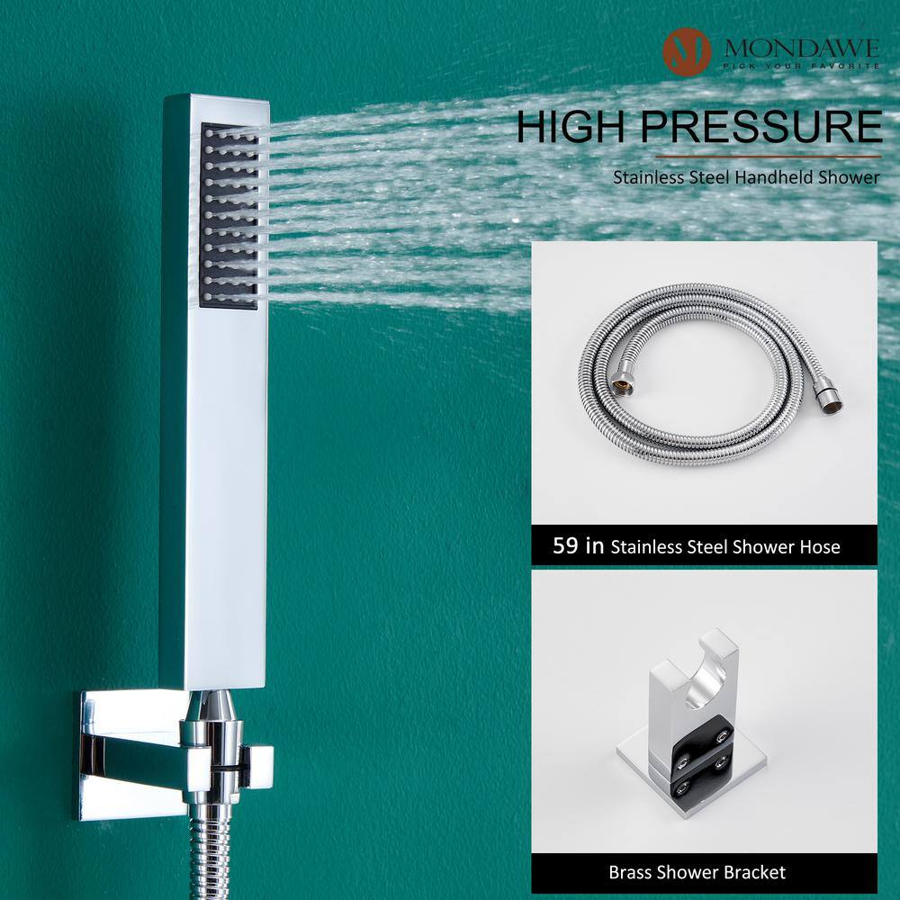 12 Inch Chrome LED Wall Mounted Rain Shower System with Handheld and Body Jets