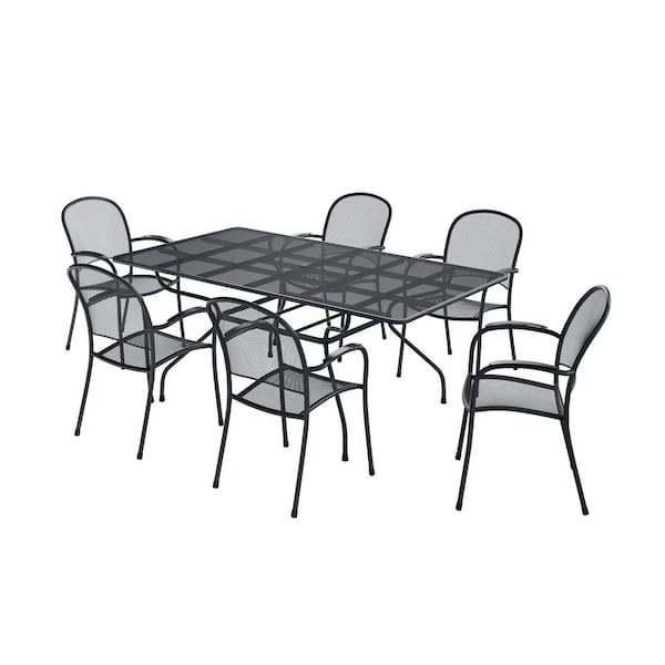Royal Garden Commercial Black 7-Piece Steel Rectangular Mesh Stack Outdoor Dining Set