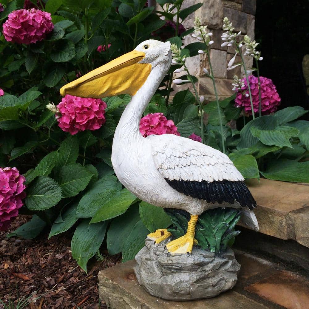 Natural Finish Pelican Statue on Coastal Rock for Indoor/Outdoor Decor