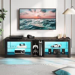63 in. Black Marble TV Stand Fits TVs up to 65 in. LED Entertainment Center with Adjustable Glass Shelves