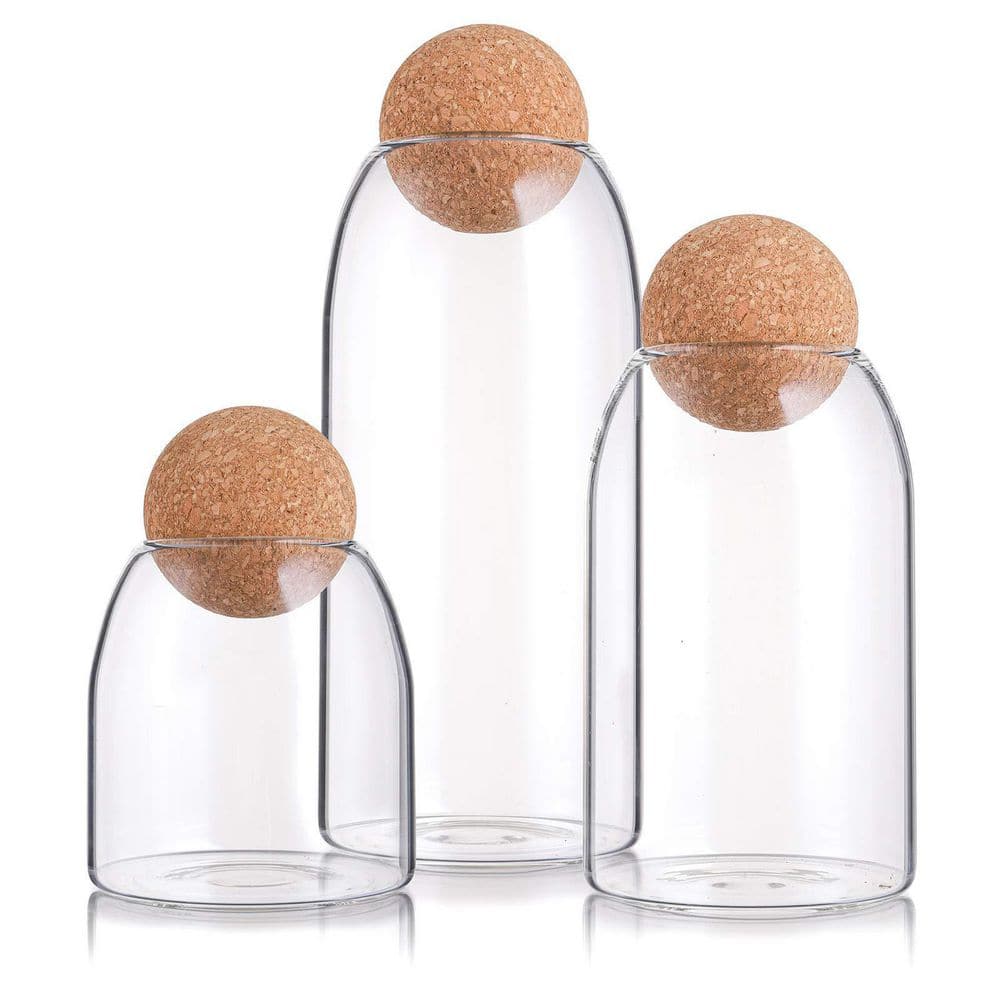 Clear Round Glass Storage Jar Set with Cork Ball Lid High Borosilicate ...