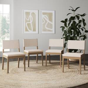 Linus 19 in. Modern Upholstered Dining Chair with Solid Wood Wire-Brushed Legs, Natural Flax/Brown, Set of 4