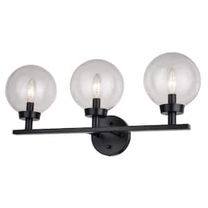 Lander 23 in. W 3-Light Matte Black Vanity Light Bathroom Wall Fixture with Clear Glass Globes
