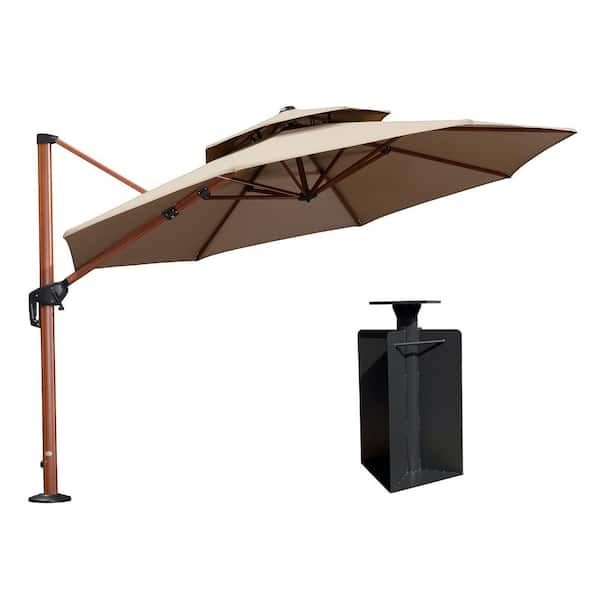 PURPLE LEAF 11 ft. Sunbrella Aluminum Octagon 360° Rotation Wood Pattern Cantilever Outdoor Umbrella With Base in Ground, Beige
