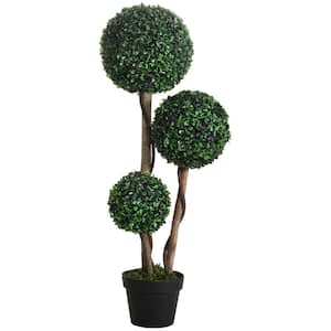35 .5 in. Artificial Plant 3 Ball Boxwood Topiary Artificial Tree in Dark Green in Pot for Home Office Decor