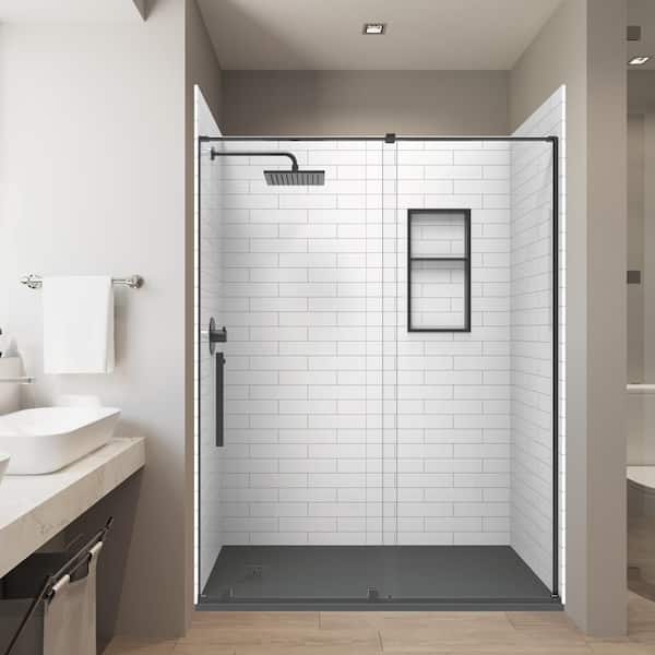 Subway 32in. x 60in. x 84in. Combo Solid Composite Stone Alcove Shower Kit Matching Black Matte Door, Niche & Drain