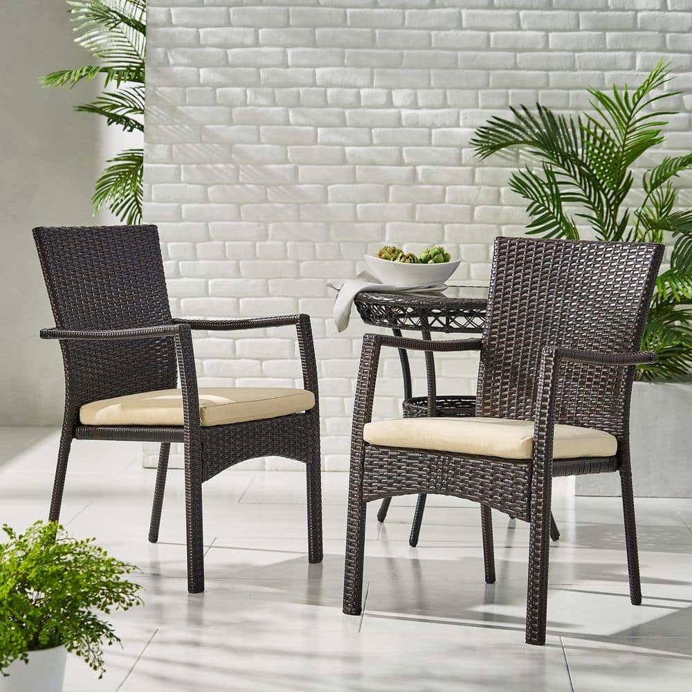 Corsica Brown Iron Wicker Dining Arm Chair with Cream Cushions