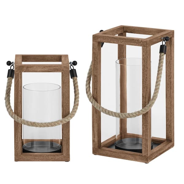 StyleWell Antiqued Brown Wood Lantern Candle Holder - Hanging or